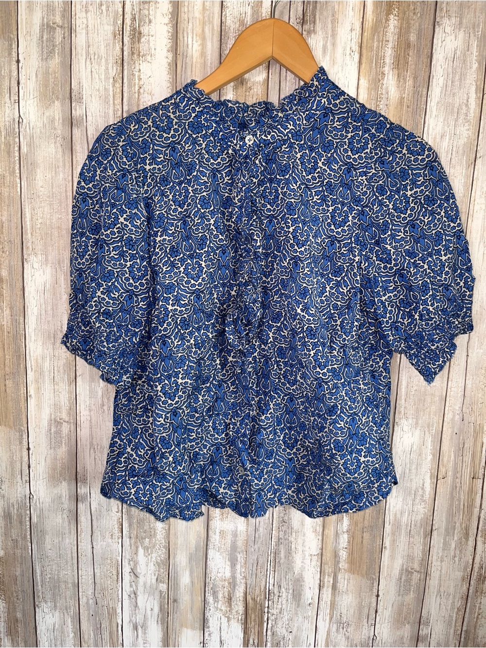 Talbots Ruffle Button Front Top Woodland Damask Blue Floral Small S - Picture 2 of 8